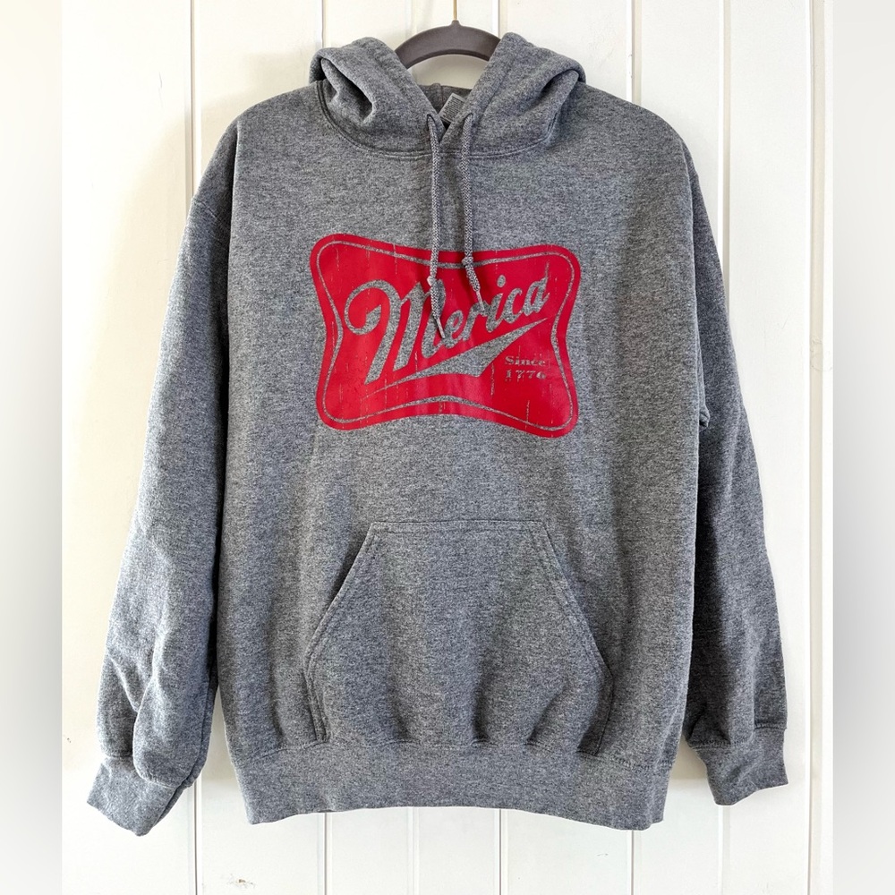 Gildan Gray ‘Merica’ Hoodie, Sz Sm (P2P 20”)
